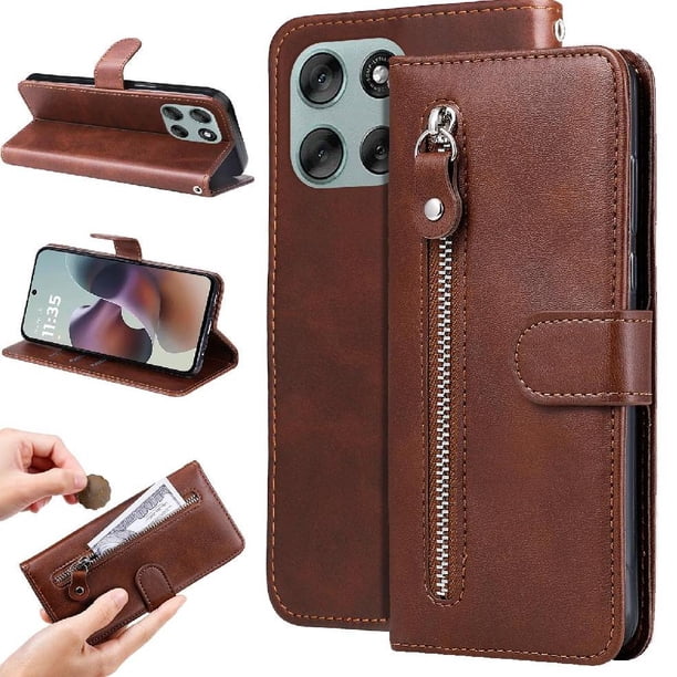 Funda tipo cartera para Motorola Moto G56 con bolsillo con cremallera y ranuras para tarjetas – Función de soporte Marrón
