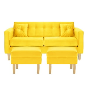 Bodevir - Sofa New Retro 3C + 2 Pouf Felpa 05 Amarillo