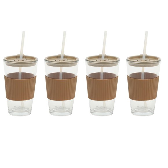 Vasos de Vidrio Mr. Coffee Sip Savvy Paquete de 4 444 ml con Tapa y Popote
