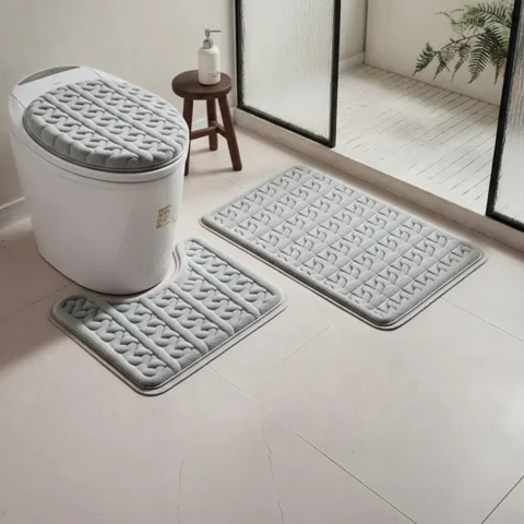 Casadeliacl - Set Alfombras De Baño 3 Piezas Suaves Absorbentes T.F.I Gris Claro Cuadritos