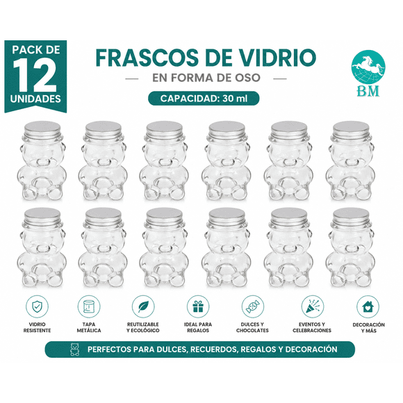 Pack 12 Frascos Oso Vidrio 30ml con Tapa Ideal Recuerdos Dulces Eventos y Regalo