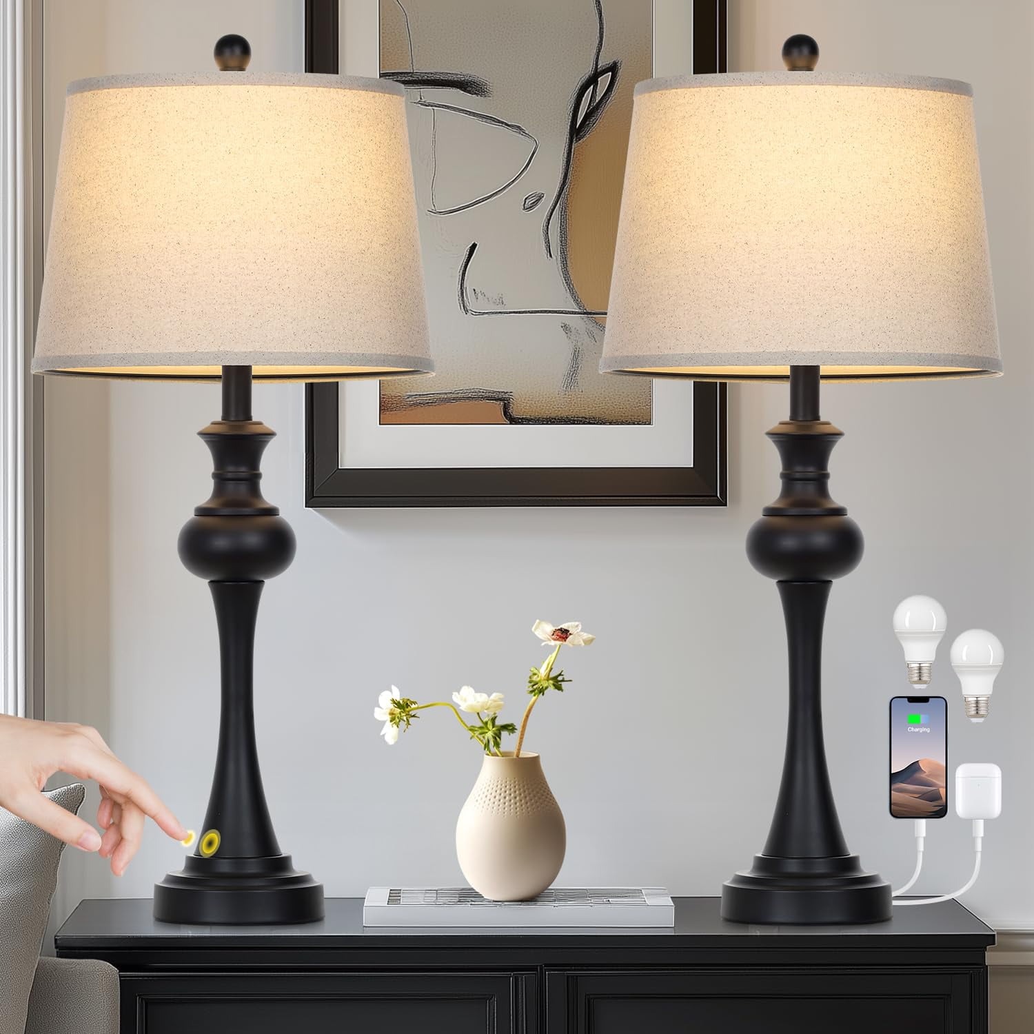 Lámpara De Mesa Cinyirong Con Control Táctil De 3 Vías, Juego De 2 Unidades Con Puerto Usb