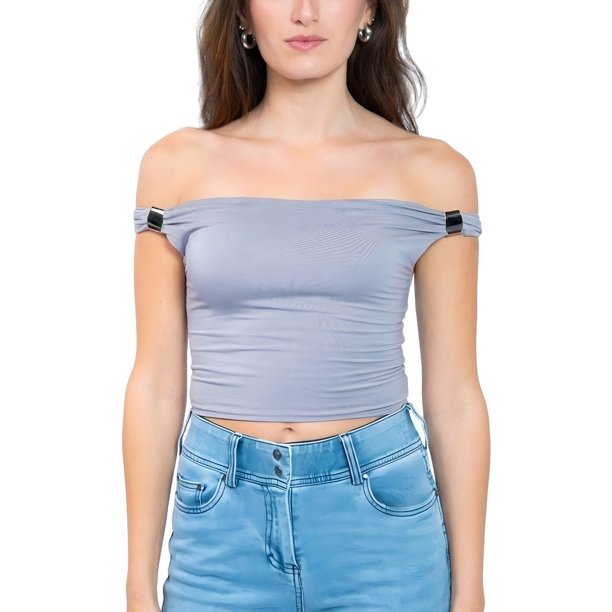 Jess por Meiko Top Corto de Mujer con Hombros Descubiertos Decoración Metálica Ajuste Ceñido Gris XS