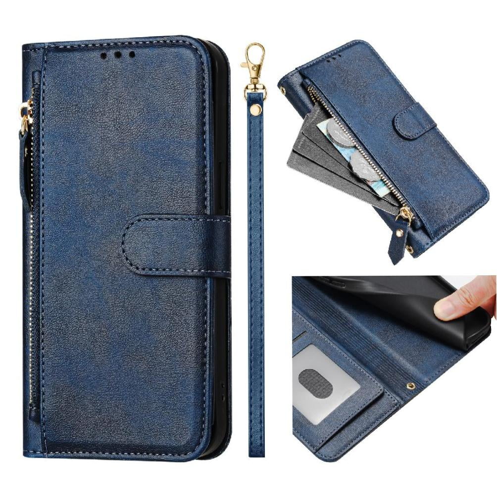 Foxdock - Funda Tipo Cartera Para Tcl 50 Se Con Bolsillo Con Cremallera, Tarjetero, Soporte, Correa Para La Muñeca Y Tapa De Cuero Azul