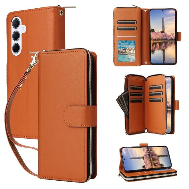 Funda Cartera con Cremallera y Correa para Samsung Galaxy A35 5G Soporte y Tarjetero Marrón