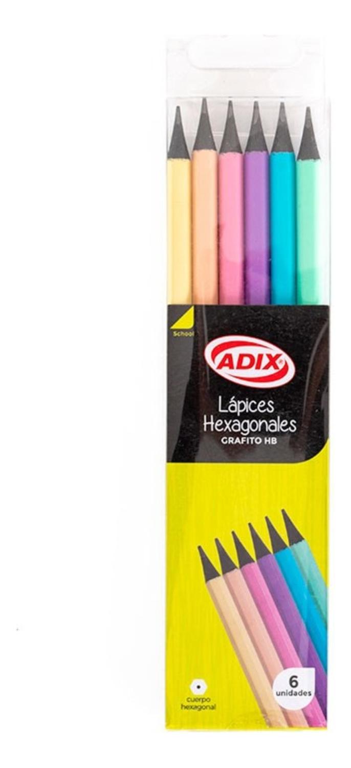 Adix - Set Lápices Grafito Hexagonales 6 Unid Cuerpo Color Pastel,