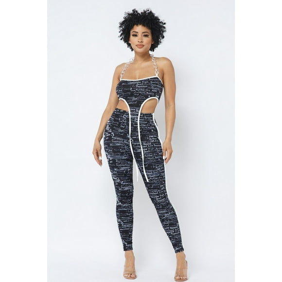 Top Corto con Estampado de Malla y Cuello Halter con Cadena de Plástico con Leggings a Juego L