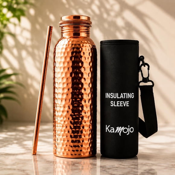 Botella de Agua Kamojo 950 ml de Cobre con Funda y Pajilla