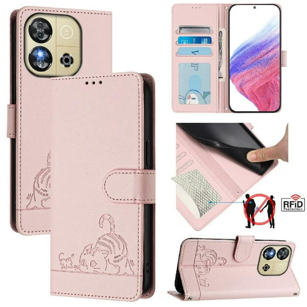 Funda tipo cartera FOXDOCK para Oukitel C57 con soporte, ranuras, RFID, diseño de gato