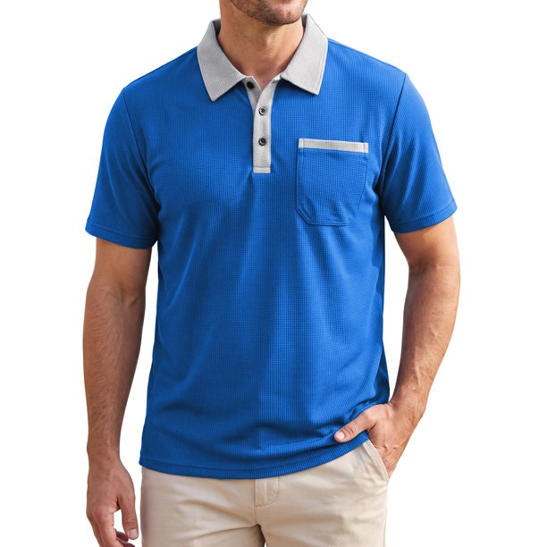 Camisa Polo de Hombre INSPIRE CHIC de Tejido de Gofre Manga Corta Camisas de Golf L Azul Real