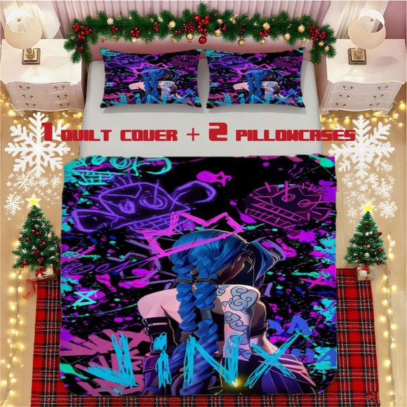 Anime Neon Glow Bedding Set - Soft Polyester Bedspread & 2 Pillowcases with Zipper Closure Blue/Purple Neon Design for Anime Fans All-Season Comforter Set for Bedroom Decor