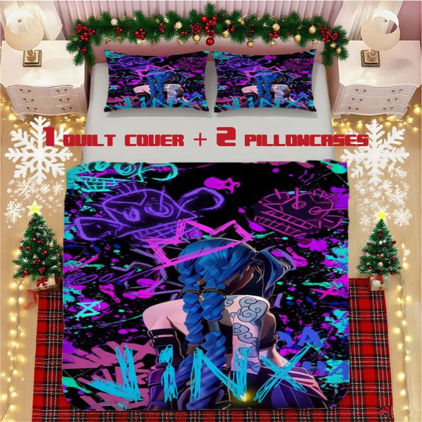 Anime Neon Glow Bedding Set - Soft Polyester Bedspread & 2 Pillowcases with Zipper Closure Blue/Purple Neon Design for Anime Fans All-Season Comforter Set for Bedroom Decor