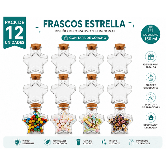 Pack 12 Frascos Vidrio Forma Estrella 150ml con Corcho Ideal Dulces Regalos Eventos