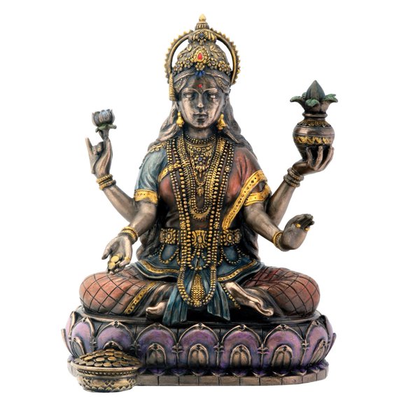 Mostrar estatua de bronce de la diosa hindú Lakshmi sobre un loto