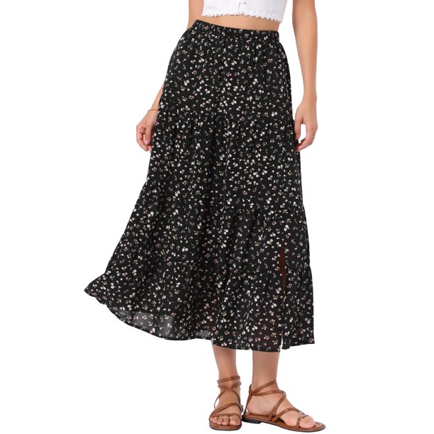 INSPIRE CHIC Falda Maxi Flowy para Mujer Verano Elástica de Cintura Alta Casual A-Line Faldas Largas XL Negro