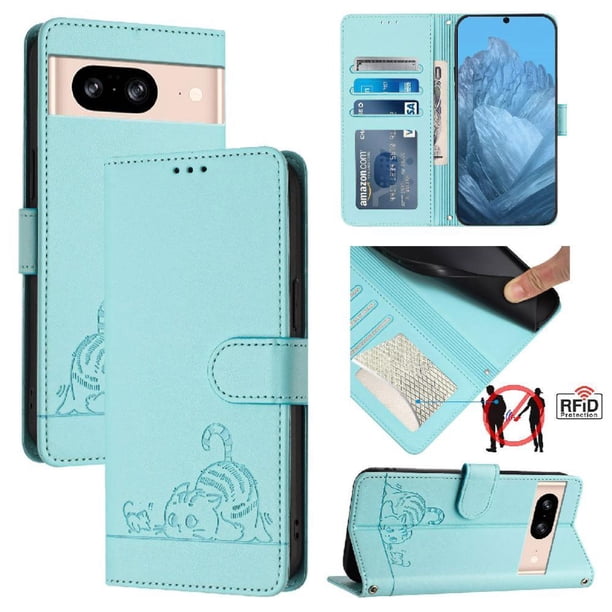 Funda tipo cartera FOXDOCK para Google pixel 8 con soporte, ranuras, RFID, diseño de gato