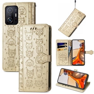 Funda Cartera Foxdock Para Xiaomi 11T , Flip Pu Con Relieve De Gatos Y Perros, Tarjetero Y Soporte
