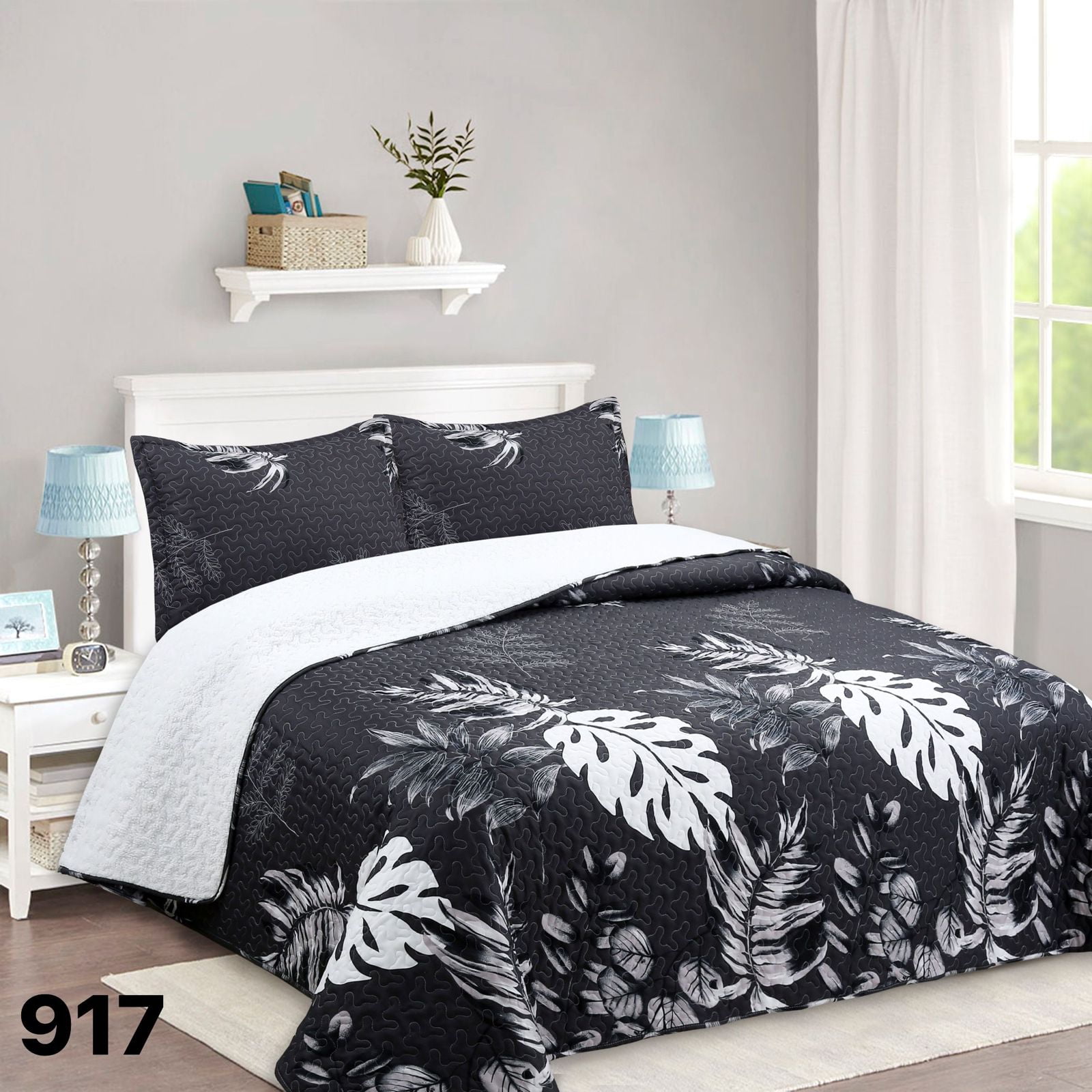 Genérico - Cubrecama Quilt Sherpa King - Negro Hojas Blancas M917