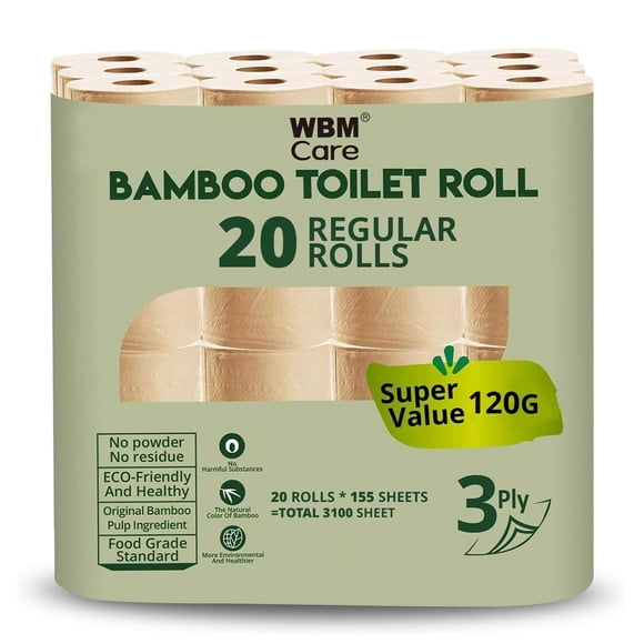 Papel higiénico WBM Care de bambú de 3 capas, 155 hojas por rollo x 20