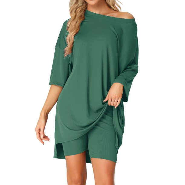 INSPIRE CHIC Conjunto de salón de punto acanalado para mujer Camiseta de manga corta de gran tamaño y pantalones cortos de ciclista de cintura alta Suave conjunto de dos piezas XL Verde oscuro