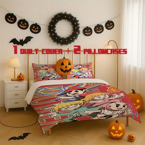 3pcs Earthbound Printed Bedding Set Soft Duvet Cover with 2 Pillowcases All Season Comfort
