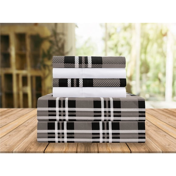 Juego de sábanas Elegant Comfort Luxury Plaid Grey Queen de 6 piezas