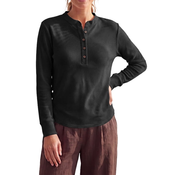 INSPIRE CHIC Blusas de Pana para Mujer Manga Larga Suelta Cuello en V Camisas Básicas Botón Tops Vintage Casual Oficina Salir Pullover Pequeño Negro