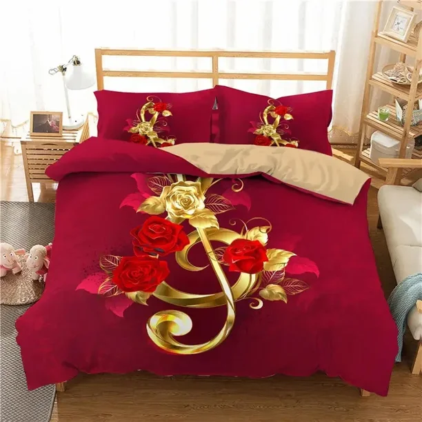 Music Note Bedding Set Duvet Cover Pillowcases Full Home Textile Adults Kids Red Rose Golden Music Note Bed Linen Bed Sheets