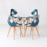 Klik Muebles - Comedor Mesa Eames Redonda Vidrio 80Cm + 4 Sillas Eames Patchwork Tela Wood Celeste