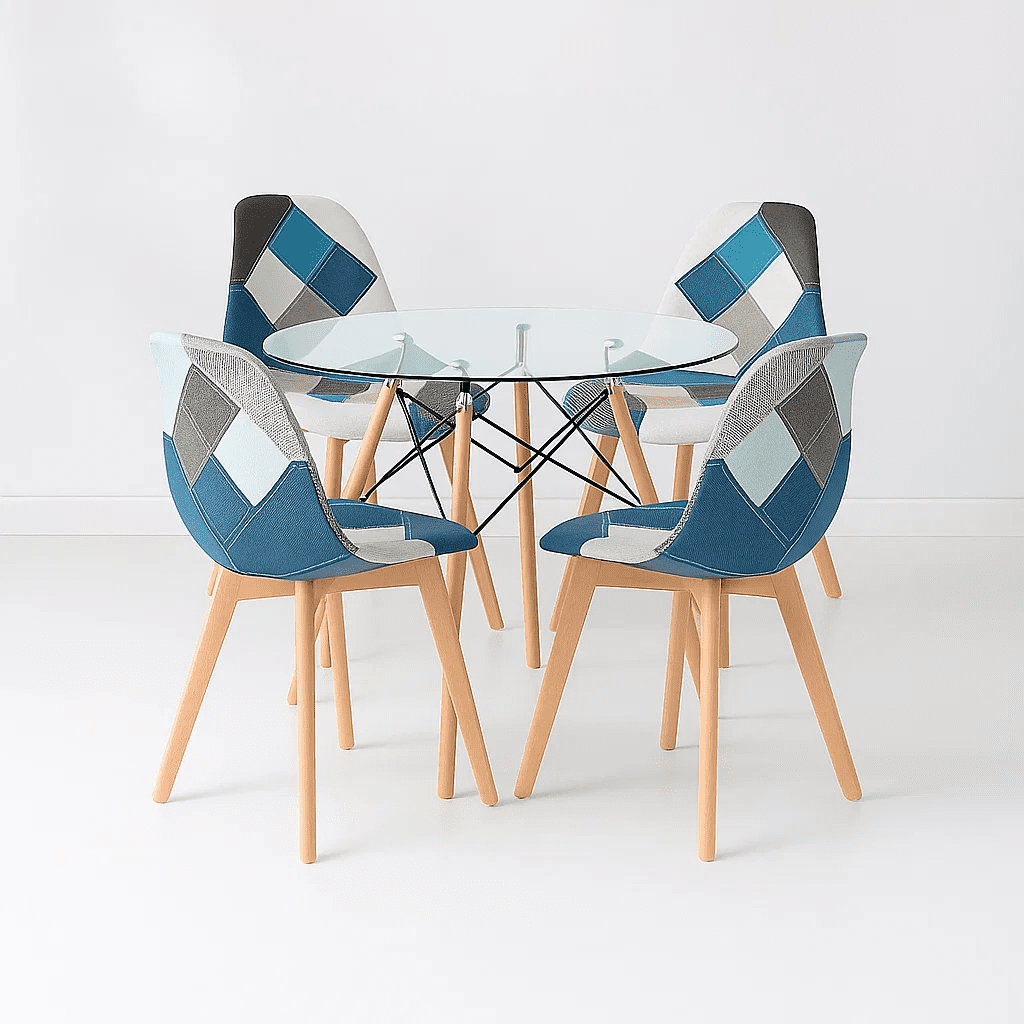 Klik Muebles - Comedor Mesa Eames Redonda Vidrio 80cm + 4 Sillas Eames Patchwork Tela Wood Celeste