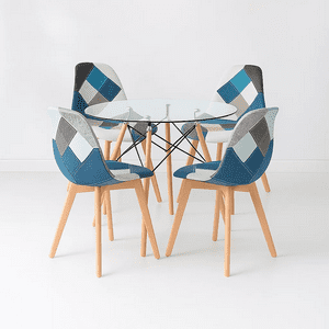 Klik Muebles - Comedor Mesa Eames Redonda Vidrio 80Cm + 4 Sillas Eames Patchwork Tela Wood Celeste