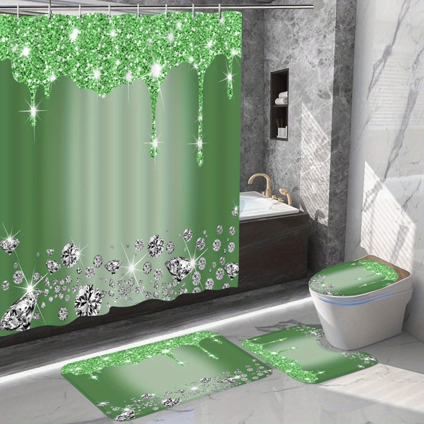 4Pcs Bathroom Shower Curtain Set, Sparkling Diamond-Pattern Bathroom Curtain With 12 Hooks, Bathroom Non Slip Rugs, Toilet Cover Mat, Bathroom Partition, Room Decor