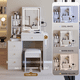 thumbnail image 2 of 29.2" Small Size Bedside Cabinet Vanity Table + Cushioned Stool, 2 AC+2 USB Power Station, Hair dryer bracket, Extra Large Touch Control Sliding LED Mirror, 3-color Switching, EPA, GCC, UL Certificate, 2 of 3
