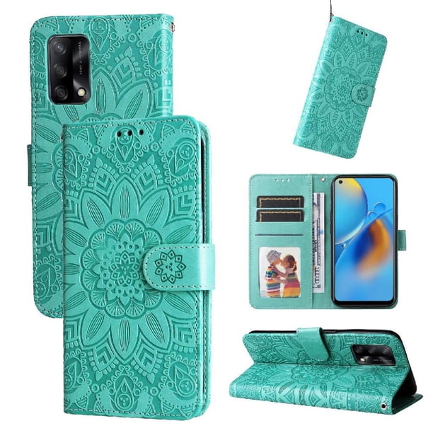 Funda tipo cartera FOXDOCK para OPPO Reno 6 Lite , diseño girasol en relieve, cuero PU, cierre magnético, soporte y tarjetero