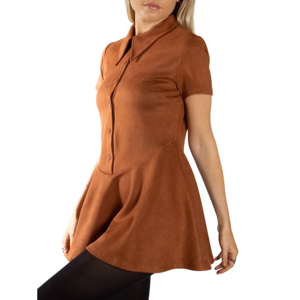 Jess de Meiko Vestido de Mujer Mangas Cortas Abotonado Cintura Baja Cuello Vestido Mini Acampanado L Naranja Quemado