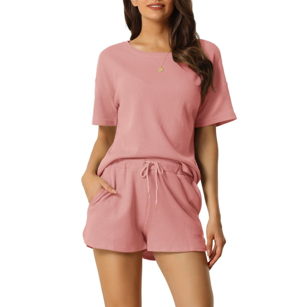 INSPIRE CHIC Conjunto de salón de punto waffle para mujer, pijama de manga corta con bolsillos, mezcla de algodón suave para primavera y verano, XL, rosa claro