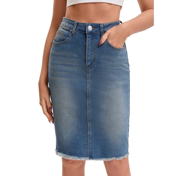 INSPIRE CHIC Faldas de Jean para Mujer Vuelta al Colegio Dobladillo Crudo Cintura Alta Bolsillos Estiramiento Falda de Mezclilla de Longitud Media Retro Azul L