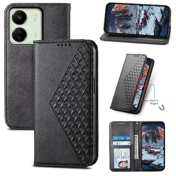 Funda Flip FOXDOCK para Xiaomi Redmi 13C , Estilo Billetera con Diseño Rombo, Correa de Mano y Soporte, Uso Diario