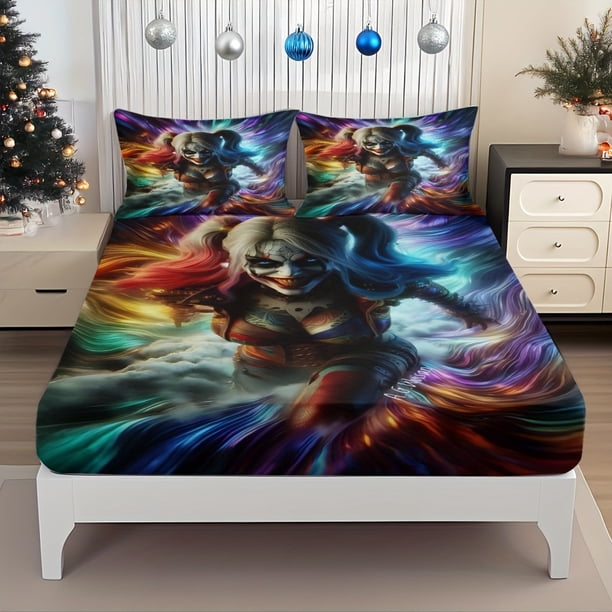 Bed Sheet Quinn'S Crazy Smile And Colorful Energy Burst Art Quinn'S Iconic Clown Makeup And Gorgeous Color Background Unique Style Pattern Mattress Protector El