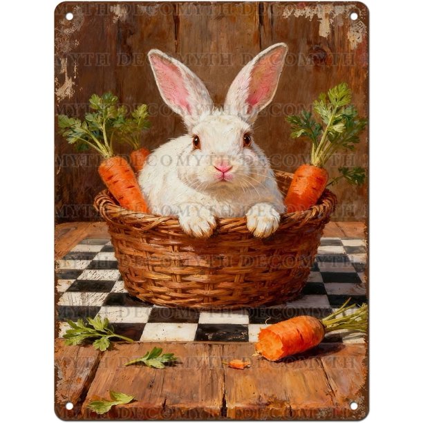 Letrero estaño metal conejo Pascua vintage conejo flor huevo primavera arte pared hogar granja cocina dormitorio 20x30cm