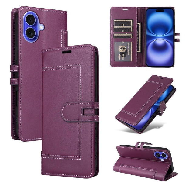 Premium Wallet Case for iPhone 16 with Card Slots & Kickstand, Flip Cover Purple