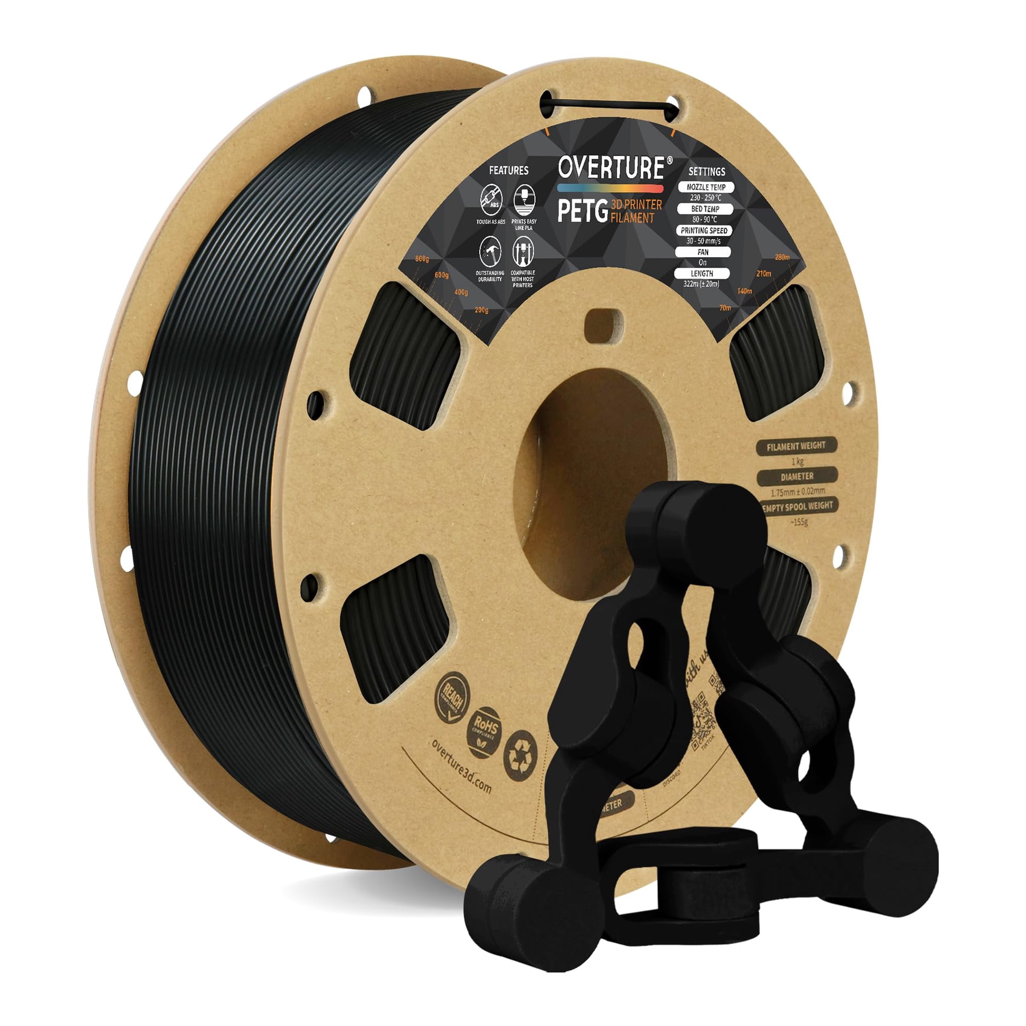 Filamento Para Impresora 3d Overture Petg De 1,75 Mm, Bobina De 1 Kg, Negro