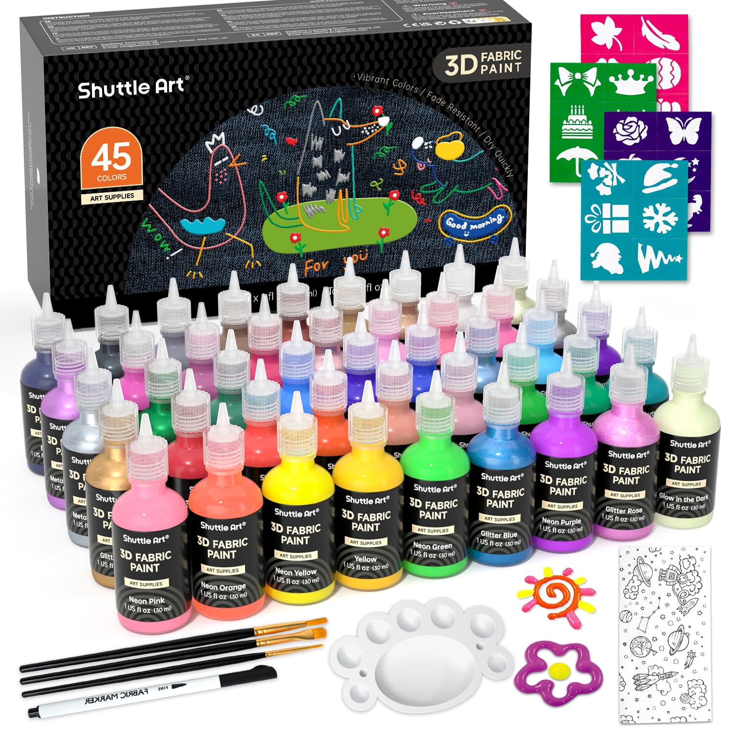 Shuttle Art - Set De Pintura Para Tela 45 Colores 3d Permanent +acces