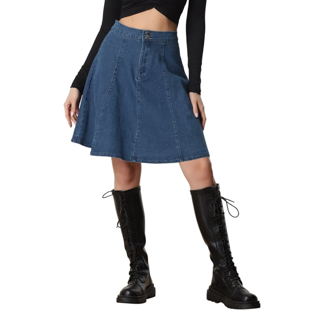 INSPIRE CHIC Falda de Mujer Regreso a Clases Cintura Alta Línea A Acampanada Casual Falda de Mezclilla Denim Azul Oscuro XL