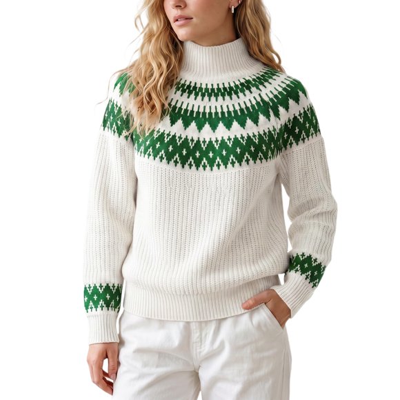 INSPIRE CHIC Suéter Fair Isle para Mujer Cuello Alto Vintage Casual Manga Larga Talla Grande Beige