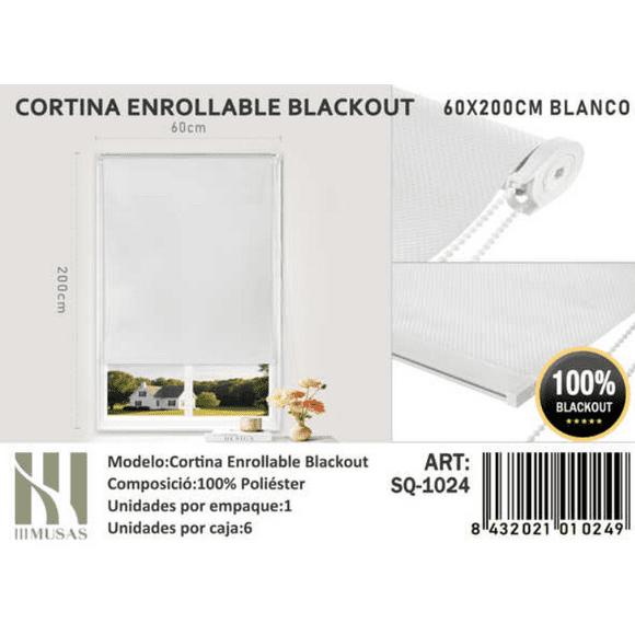 Cortina Roller Blackout 60x200cm Blanco 1024