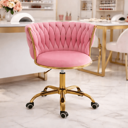 Genérica - Silla Manicure Profesional Velvet Con Ruedas Y Base Dorada Monaco Para Salón De Belleza Rosada