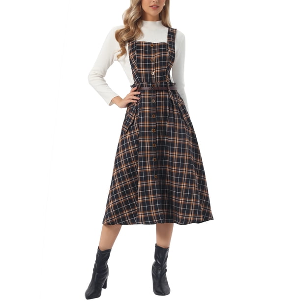 INSPIRE CHIC Vestido de Peto a Cuadros para Mujer Vintage Sin Mangas Línea A Pinafore Vestido S Azul Oscuro