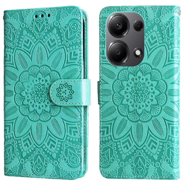 Funda tipo cartera FOXDOCK para Xiaomi Poco M6 Pro 4G , diseño girasol en relieve, cuero PU, cierre magnético, soporte y tarjetero