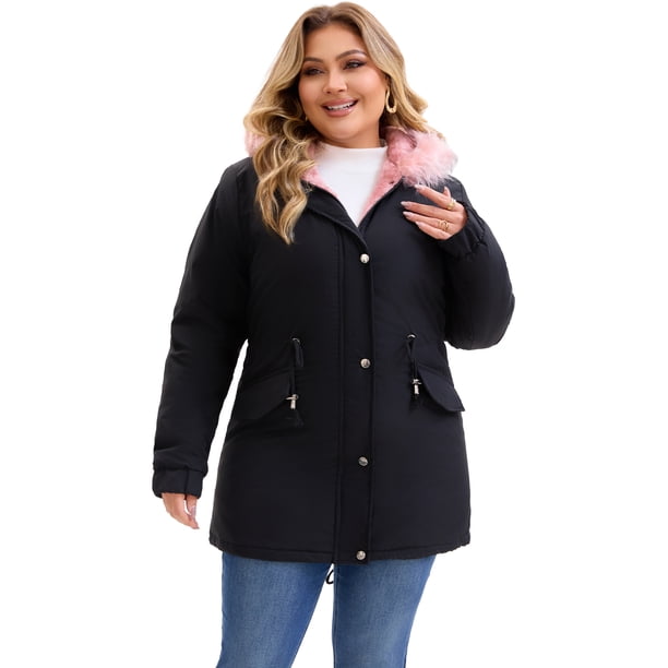 Agnes Orinda Chaqueta Parka Rompevientos para Mujer Talla Grande con Capucha de Piel Sintética Cremallera Cintura con Cordón Forro de Felpa Abrigo de Invierno con Bolsillos L Negro Rosa